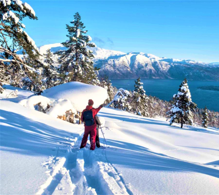 "A person wearing a red jacket and backpack hiking in deep snow, pointing out at a stunning view of a blue fjord and snow-capped mountains in Balestrand, Norway. The sky is clear blue and the scene is full of snow-covered pine trees. It's a beautiful, sunny winter day."