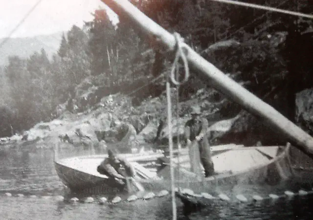 Anders H Balevik (gutt) og Hans Balevik fanger laks på Veganeset i laksnota i Sognefjorden (Laks I Sikte)