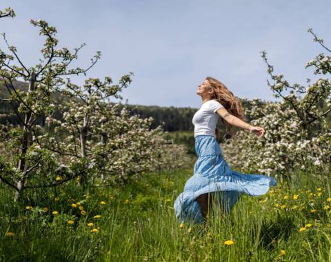 Woman dancing joyfully in a blossoming apple orchard in Balestrand, Sognefjord. The image captures the Norwegian 'springfulness' feeling, mental wellness, and authentic nature experience.